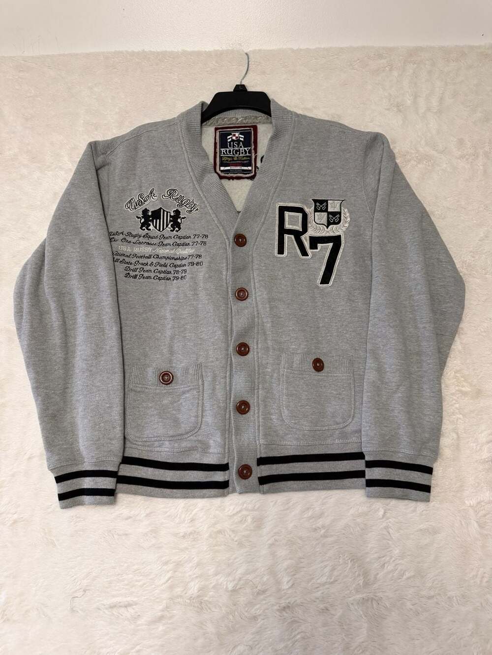 USA Rugby Cardigan Sweater Size Medium Gray R7 Varsity